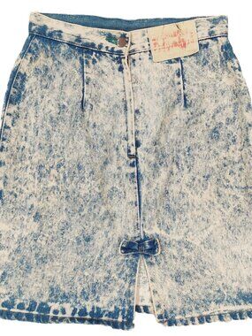 Vintage 80s Bongo Jeans Acid Wash Denim A-Line Skirt Pleated w/ Bow, Womens Sz 7